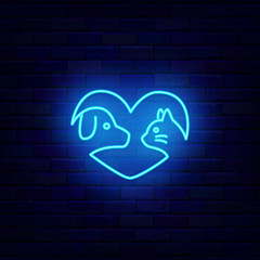 Dog and cat neon icon. Heart frame. Love animal. pet care center. Veterinary, training and grooming. Domestic animal. Glowing typography. Editing text. Vector stock illustration