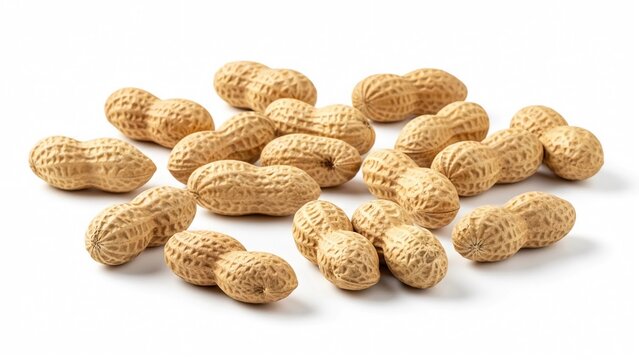A pile of raw peanuts on a white background