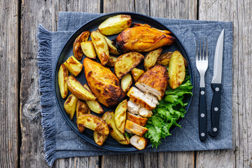 grilled juicy chicken breasts and roasted potatoes