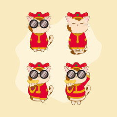 Cheerful cat character in red chinese costume. Vector illustration. EPS 10.