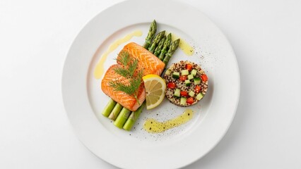 A delicious plate of salmon, asparagus, and quinoa on a white background