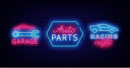 Car neon labels collection. Racing emblem. Auto parts. Garage car. Adjustable wrench. Motor repair service. Glowing flyer. Editing text. Vector stock illustration