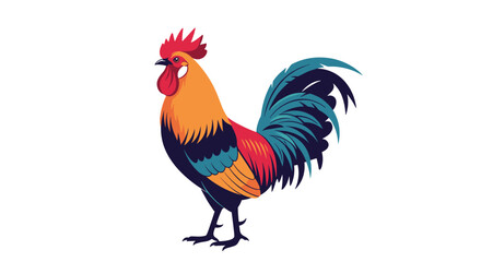 Fototapeta premium Vibrant illustration of a rooster with colorful feathers in shades of orange, red, and blue standing on a white background.