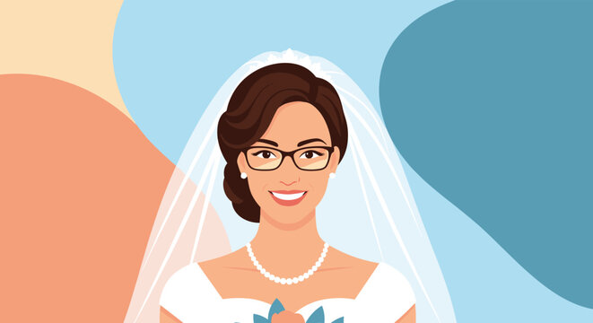 Beautiful bride with dark hair and glasses wearing a white wedding veil and pearl necklace smiling happily on her big day.