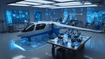 White & blue aircraft inside laboratory, filled with screens & drones