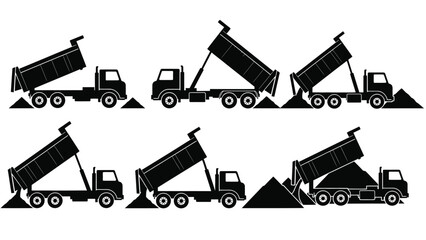 Silhouette illustrations of dump trucks in various stages of operation © Nasima