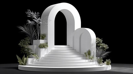White arched staircase with plants, set against a dark void background