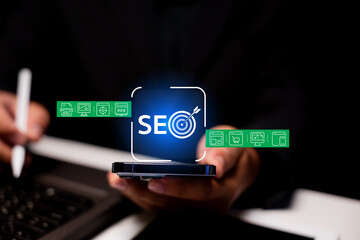A digital representation of SEO concepts with icons related to marketing, analytics, and online presence, focused on a mobile device.