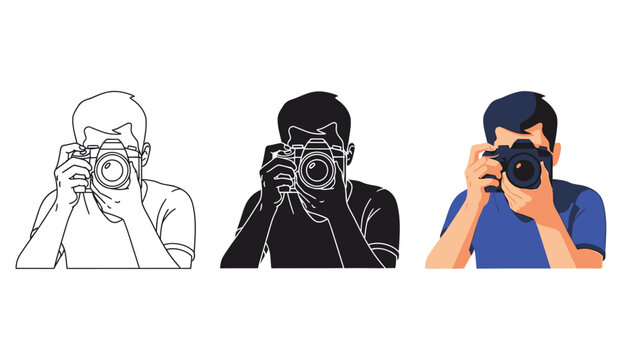 Photographer taking a picture with a dslr camera, three styles outline, silhouette, and full color illustration