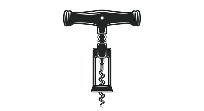 Vintage black and white illustration of a classic T-handle wine corkscrew with a metal worm for opening bottles of alcohol. - Powered by Adobe
