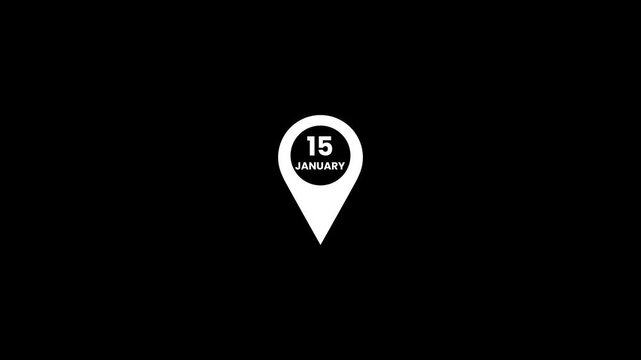 January 15 date marker location pin animation isolated on black background