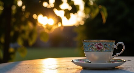 A teacup with a floral design on a table outdoors with a sunset in the background.