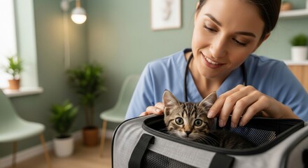 Veterinary Care Professional Tenderly Examines a Cat in a Clinic