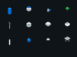 12 Isometric Smart City and Sustainable Architecture Icons - 3D Real Estate Vector Set