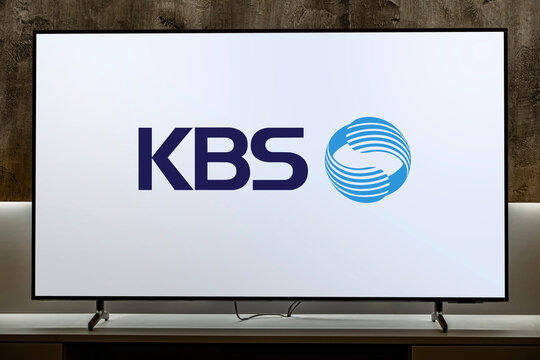 Flat-screen TV set displaying logo of KBS