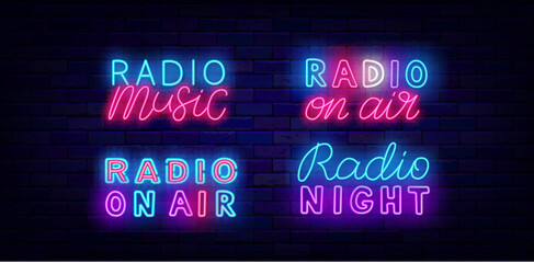 Radio neon labels collection. Music night on air and podcast stream. Online streaming. Event design. Glowing banner. Colorful typography. Vector stock illustration