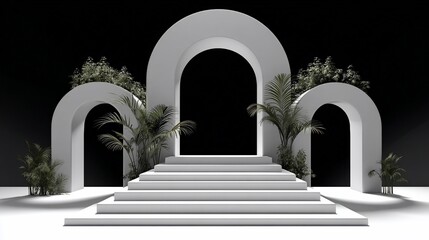 White arches, stairs, and plants against a black backdrop, bathed in light