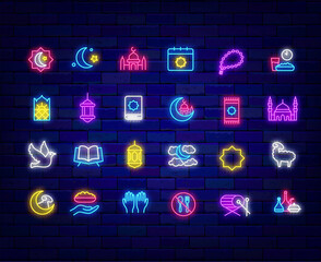 Iftar dinner and Ramadan Kareem neon badge. Lantern and mosque. Lamb and dove. Eid al Adha. Cafe, restaurant plates. Muslim religion. Glowing banner. Editable stroke. Vector stock illustration