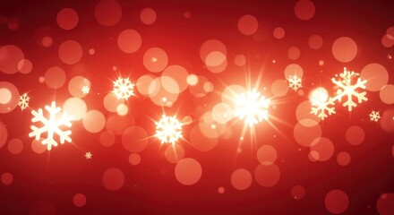 Red and white Christmas background with snowflakes and bokeh effects.