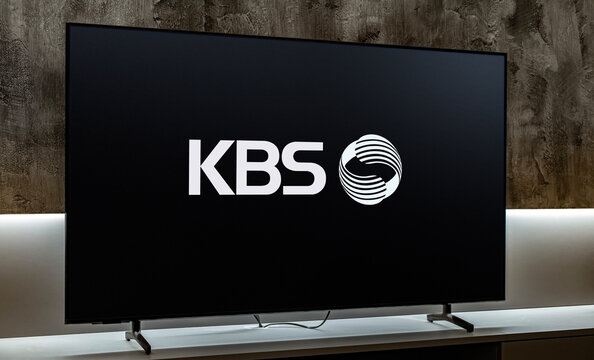 Flat-screen TV set displaying logo of KBS