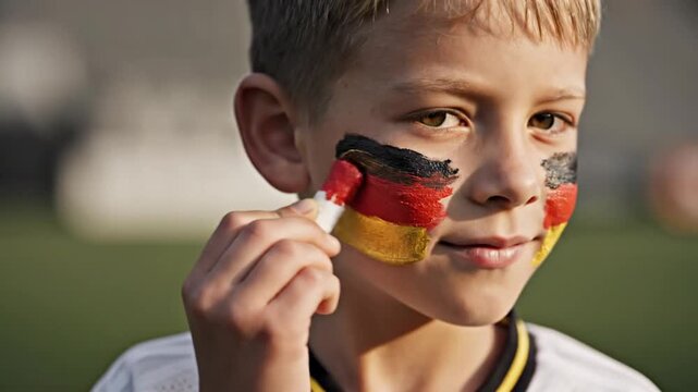 Young boy with German flag face paint at sporting event