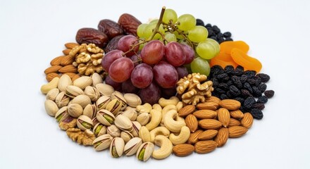 A variety of nuts and fruits, including grapes, dates, almonds, and raisins, arranged on a white background.