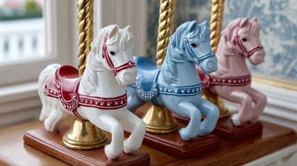 Three decorative carousel horse figurines on a wooden shelf.