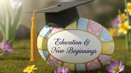 Vibrant patterned egg wearing graduation cap with "Education & New Beginnings" text, nestled among spring flowers, concept for educational branding, commencement themes and future planning content
