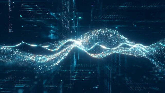 Abstract digital wave animation with glowing particles and data streams. Represents technology, innovation, and futuristic concepts
