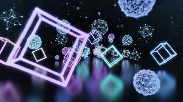 Abstract 3D geometric shapes with neon glow on dark background