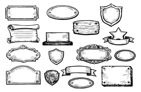 Hand drawn line art labels and badges set featuring ornate frames, shields, banners, and plaques for design elements