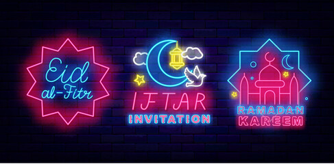 Ramadan Kareem emblems collection. Eid al Adha. Eid Mubarak. Muslim holiday. Arabian mosque. Crescent moon. Editable stroke. Glowing banner. Vector stock illustration