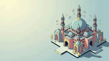 An illustrative isometric view of a mosque, portraying cultural and architectural beauty. Its detailed design and colorful features evoke a sense of tranquility and spiritual significance