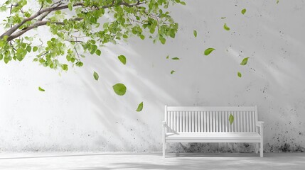 White bench sits below a tree with falling leaves against a textured white wall