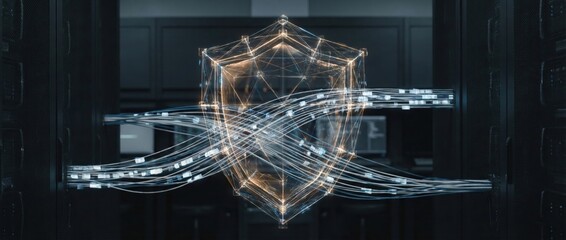Futuristic digital shield securing data transfer between servers in high tech environment showcasing advanced network protection