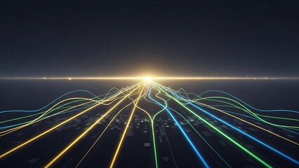 Digital Data Flow and High Speed Fiber Optic Information Highway Concept with Glowing Light Horizon