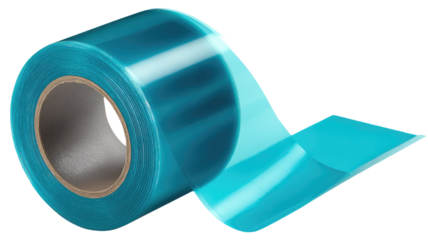 transparent blueplastic film roll packaging material industrial wrap glossy texture isolated on white background