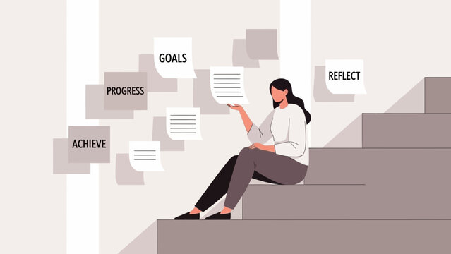 Woman sitting on stairs reviewing goals and progress for achievement and reflection