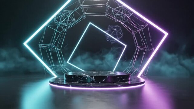 Futuristic neon geometric stage with glowing lights and fog