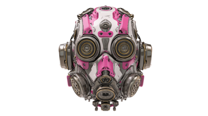 futuristic cyberpunk gas mask helmet with pink metallic detailes sci fi technology armor isolated on white background