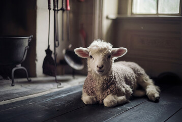 Young Lamb on Wooden Flooring in Traditional Barn