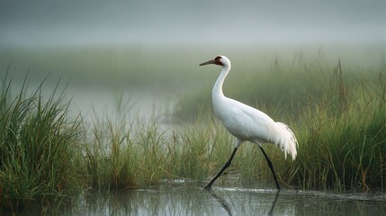 White bird wading in a misty marsh
