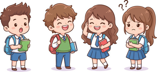 Cute school children cartoon illustration set, happy students with backpacks books emotions, education characters isolated white background design