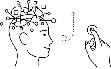 A simple line drawing of a human head with a hand interacting with a connected network of thoughts and ideas.