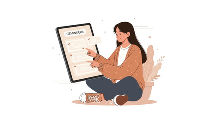 Woman Using Tablet for Reminders and Task Management, Digital Organization