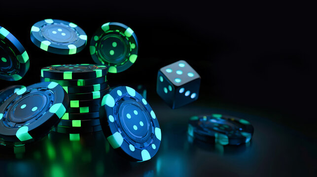 Floating chips and dice emit a mesmerizing blue and green glow, capturing the excitement of gaming under professional lighting in a sleek, minimal setting