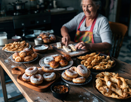 Seniorka przygotowująca słodkie, karnawałowe wypieki: pączki, faworki, bułeczki, rogale