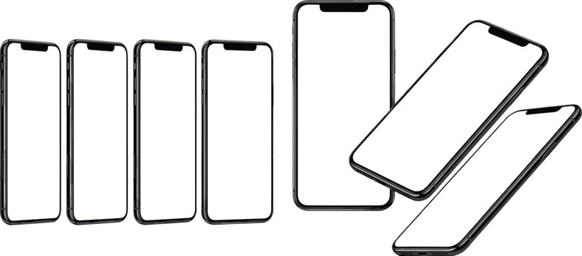 Smartphone mockup set with blank screen mobile phone frames in different angles isolated on white background vector
