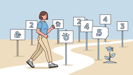 Woman walking on path with numbered signs, symbolizing life choices and goals