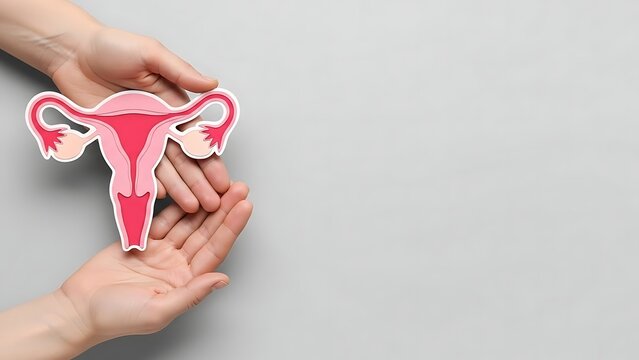 Hands gently holding a paper cutout of the female reproductive system